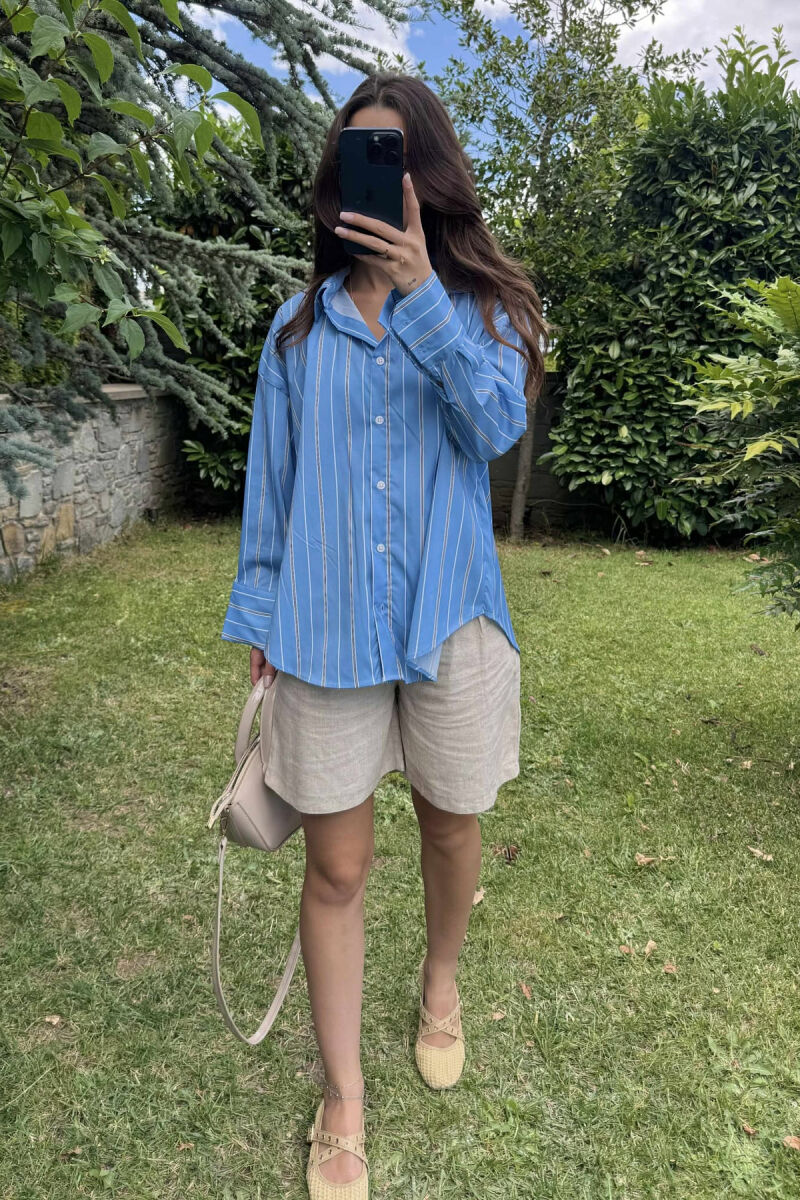 SIMPLE STRIPE DESIGN LONE SLEEVE WOMEN SHIRT LIGHTBLUE/BZ - 7