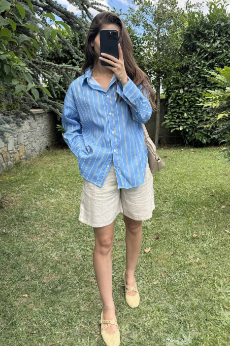 SIMPLE STRIPE DESIGN LONE SLEEVE WOMEN SHIRT LIGHTBLUE/BZ - 8