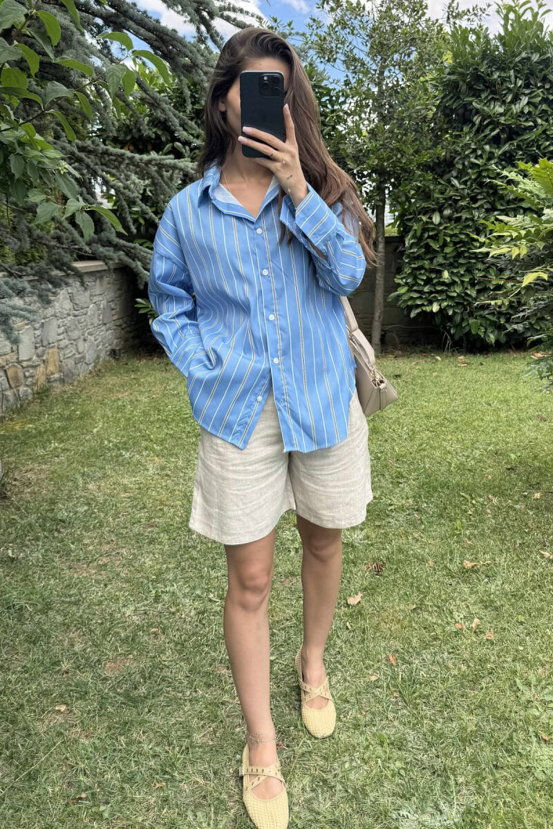 SIMPLE STRIPE DESIGN LONE SLEEVE WOMEN SHIRT LIGHTBLUE/BZ - 8