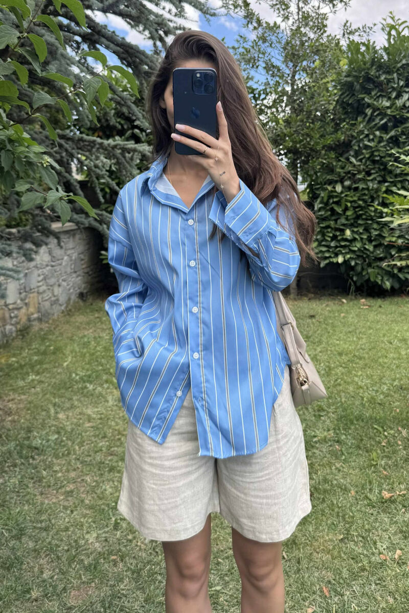 SIMPLE STRIPE DESIGN LONE SLEEVE WOMEN SHIRT LIGHTBLUE/BZ - 9