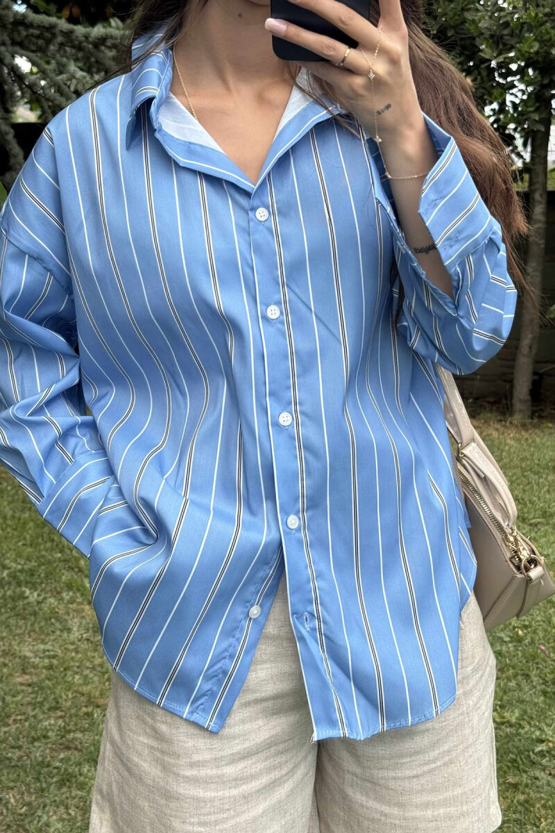 SIMPLE STRIPE DESIGN LONE SLEEVE WOMEN SHIRT LIGHTBLUE/BZ - 10