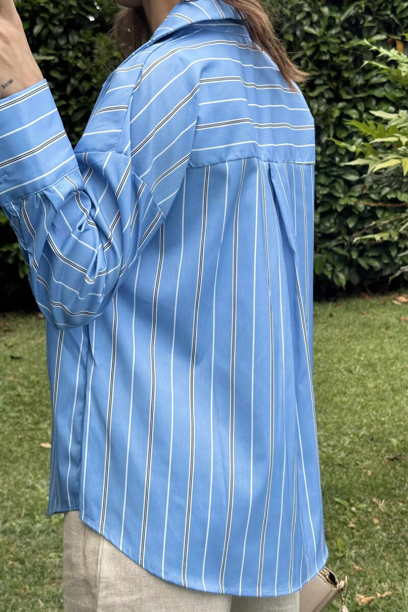 SIMPLE STRIPE DESIGN LONE SLEEVE WOMEN SHIRT LIGHTBLUE/BZ - 11