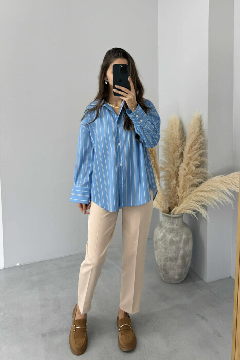 SIMPLE STRIPE DESIGN LONE SLEEVE WOMEN SHIRT LIGHTBLUE/BZ - 1