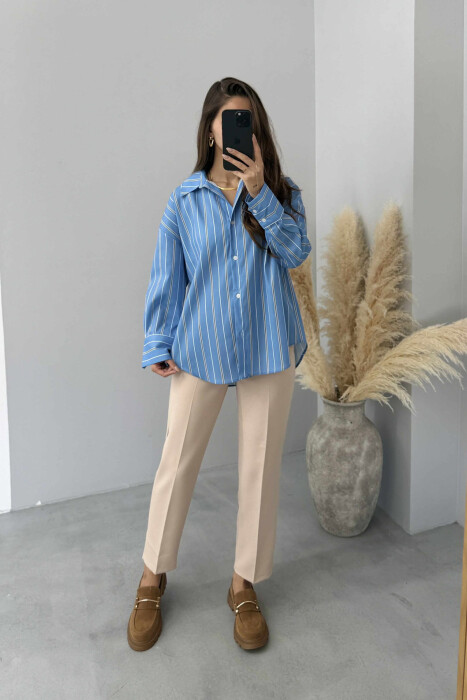 SIMPLE STRIPE DESIGN LONE SLEEVE WOMEN SHIRT LIGHTBLUE/BZ - 2