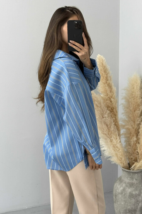 SIMPLE STRIPE DESIGN LONE SLEEVE WOMEN SHIRT LIGHTBLUE/BZ - 4