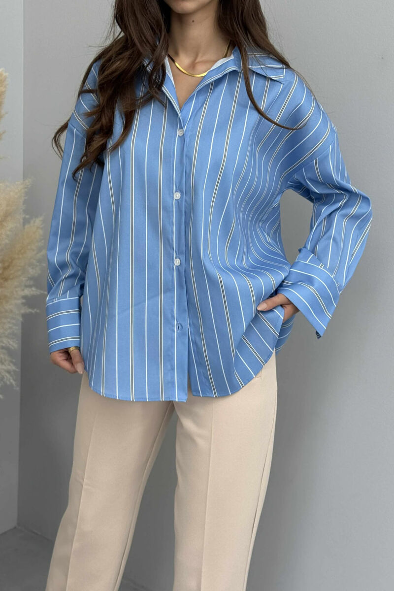 SIMPLE STRIPE DESIGN LONE SLEEVE WOMEN SHIRT LIGHTBLUE/BZ - 5