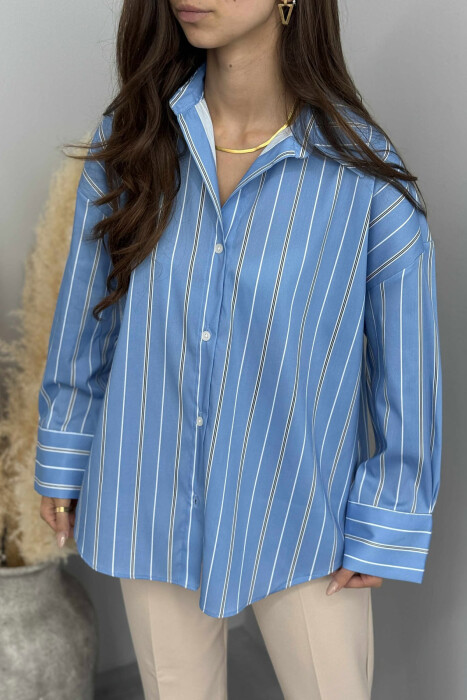 SIMPLE STRIPE DESIGN LONE SLEEVE WOMEN SHIRT LIGHTBLUE/BZ - 12