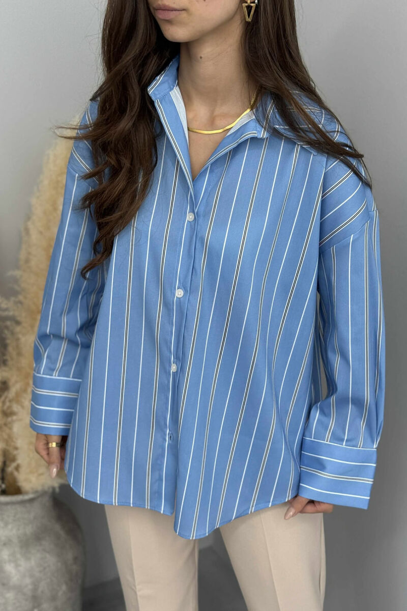 SIMPLE STRIPE DESIGN LONE SLEEVE WOMEN SHIRT LIGHTBLUE/BZ - 12