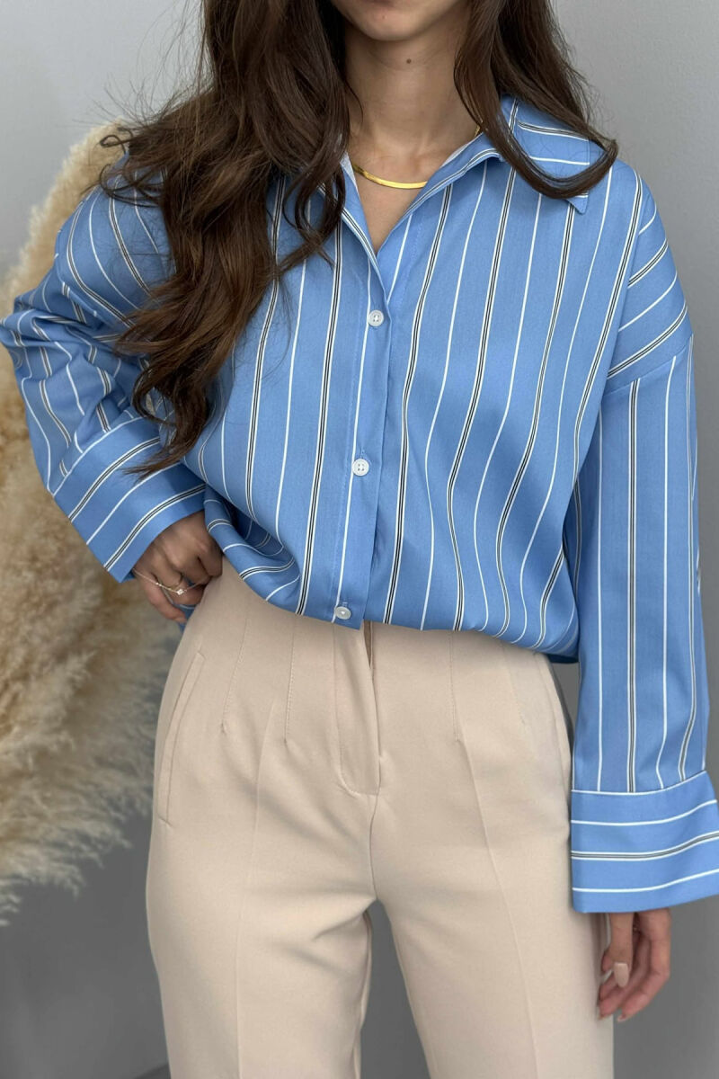 SIMPLE STRIPE DESIGN LONE SLEEVE WOMEN SHIRT LIGHTBLUE/BZ - 6