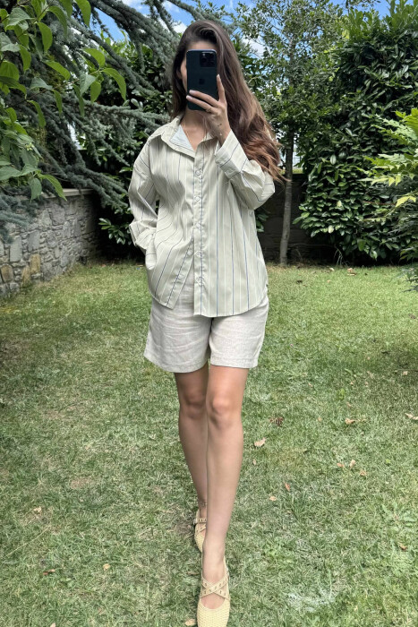 SIMPLE STRIPE DESIGN LONE SLEEVE WOMEN SHIRT MINT/MENTE 