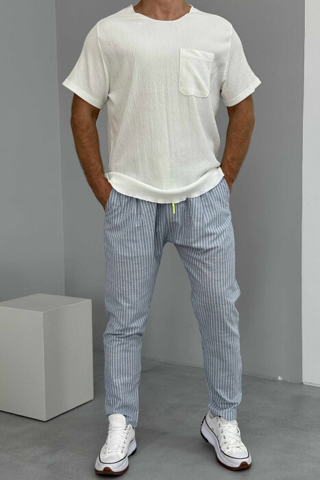 PANTALLONA TË THJESHTA ME VIJA PËR MESHKUJ NË NGJYRËN BLU E ZBARDHUR 