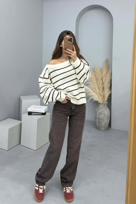 SIMPLE STRIPED WOMEN SWEATER CREAM/KREM - KLAUDIO FASHION