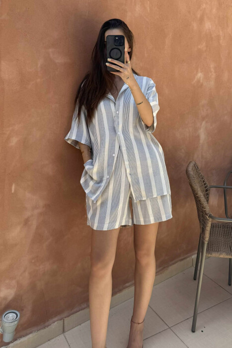SIMPLE STRIPES SHORTS+SHIRT WOMEN SET CREAM-LIGHTBLUE/KRBZ - 3