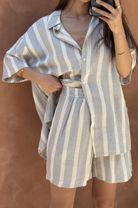 SIMPLE STRIPES SHORTS+SHIRT WOMEN SET CREAM-LIGHTBLUE/KRBZ - 4