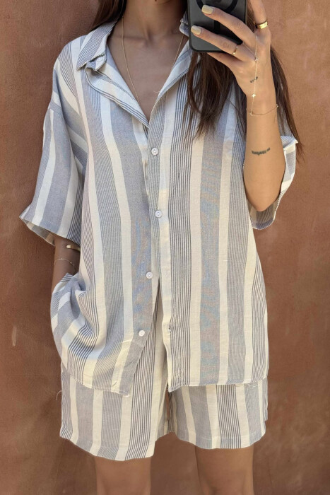 SIMPLE STRIPES SHORTS+SHIRT WOMEN SET CREAM-LIGHTBLUE/KRBZ - 6