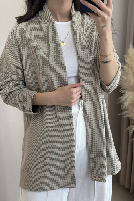 SIMPLE TEXTURED WOMEN CARDIGAN BEIGE/BEZHE - 3