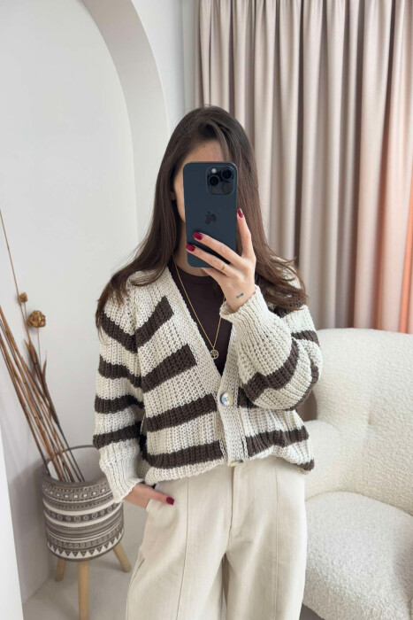 SIMPLE WOMEN CARDIGAN CREAM -BROWN/KRKA - 1