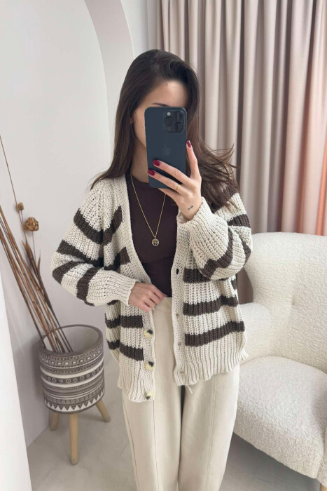 SIMPLE WOMEN CARDIGAN CREAM -BROWN/KRKA - 2