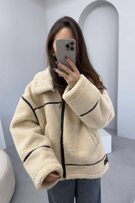 SIMPLE FLUFFY WOMEN JACKET IN BEIGE COLOR 