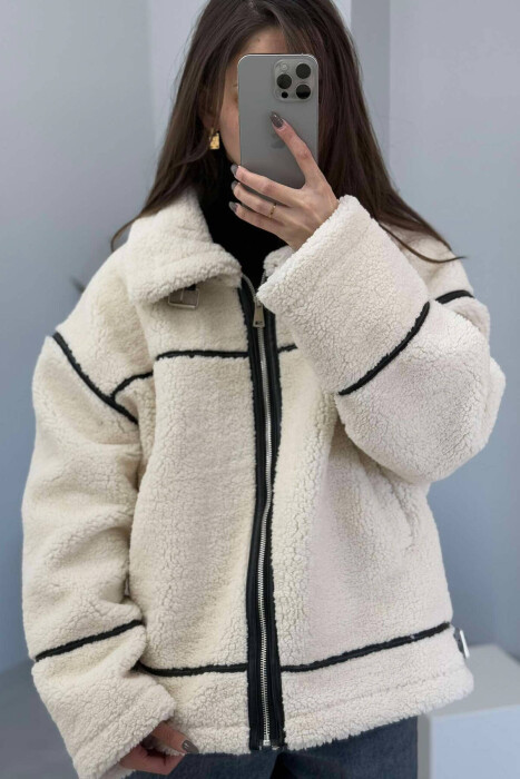 SIMPLE FLUFFY WOMEN JACKET IN CREAM COLOR 