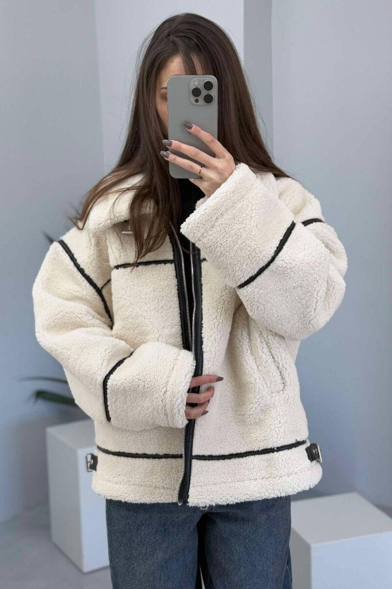 SIMPLE FLUFFY WOMEN JACKET IN CREAM COLOR - 2