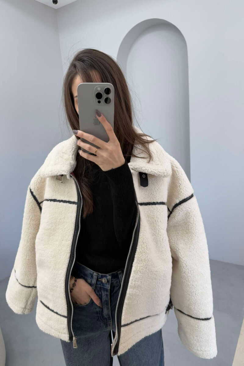 SIMPLE FLUFFY WOMEN JACKET IN CREAM COLOR - 3