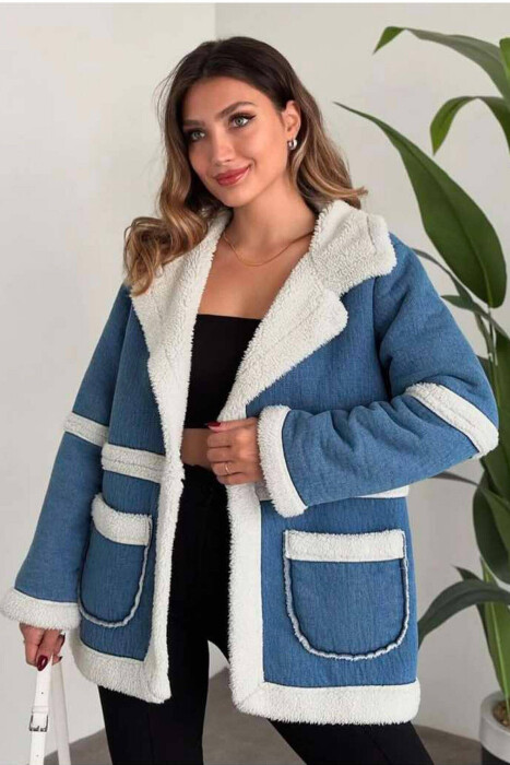 SIMPLE WOMEN FUR DENIM JACKET BLUE/BLU - KLAUDIO FASHION