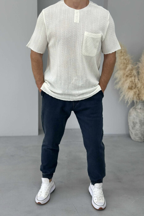 SINGLE POCKET BUTTONED MEN T-SHIRT CREAM/KREM - 1