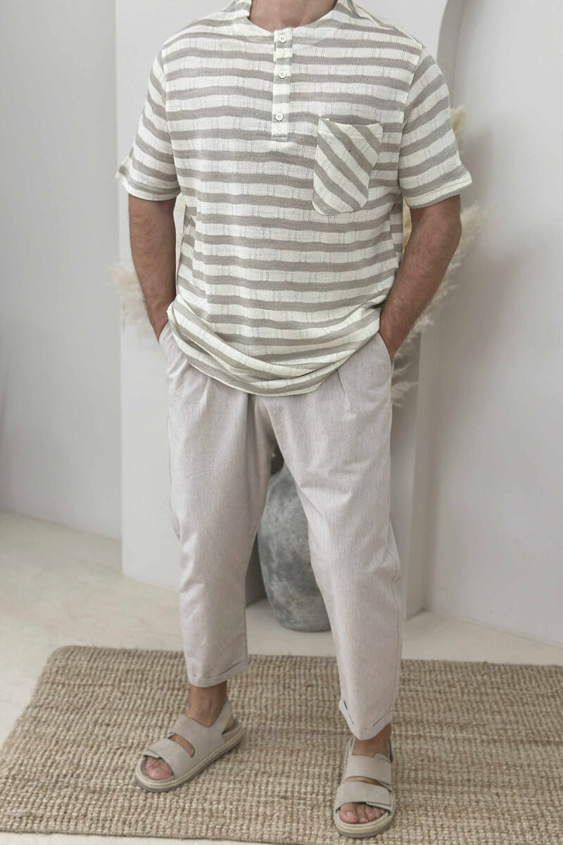 SINGLE POCKET BUTTONS STRIPED MEN T-SHIRT BEIGE/BEZHE - 1