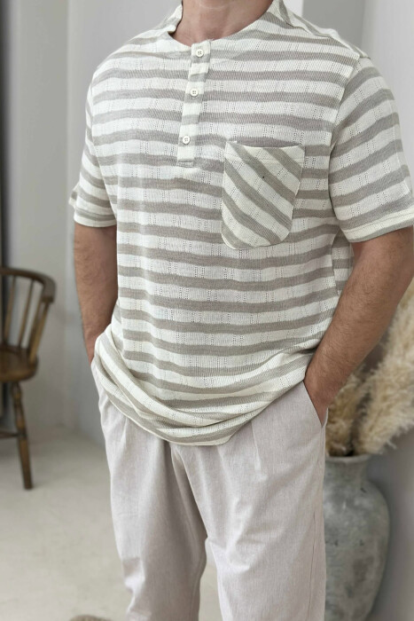 SINGLE POCKET BUTTONS STRIPED MEN T-SHIRT BEIGE/BEZHE - 2