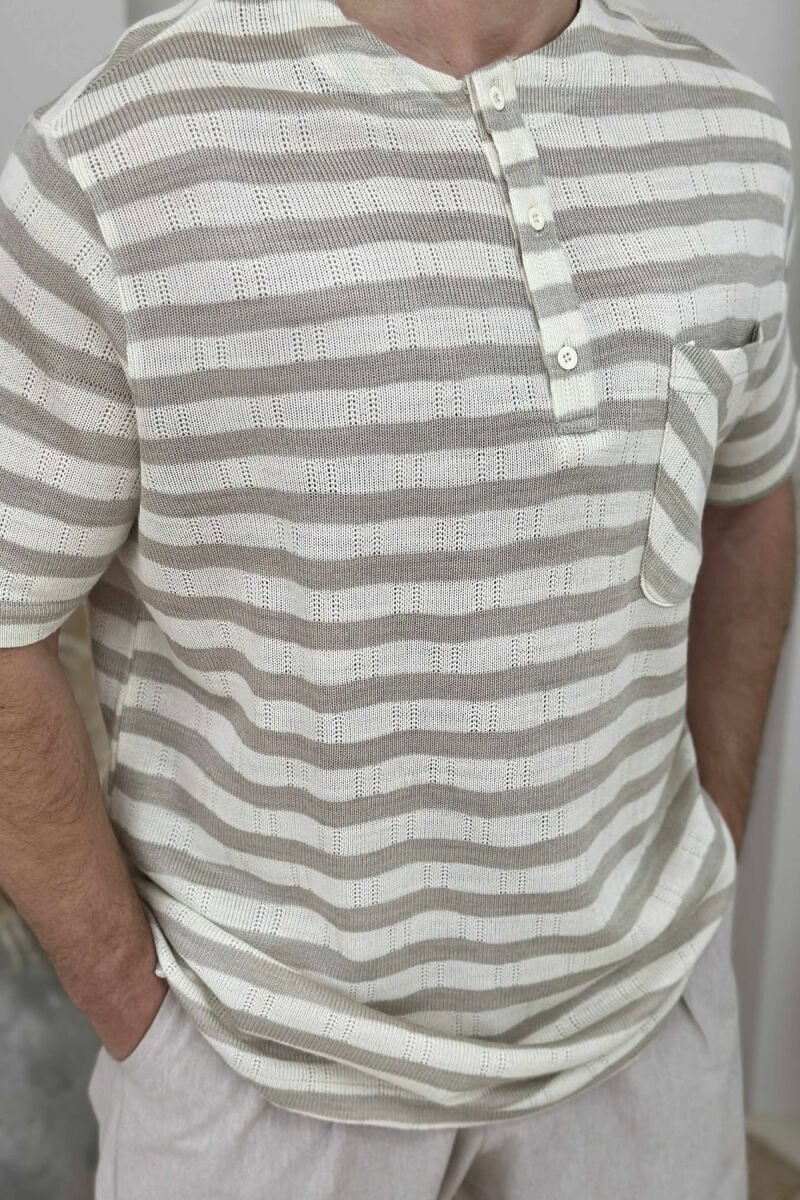 SINGLE POCKET BUTTONS STRIPED MEN T-SHIRT BEIGE/BEZHE - 3