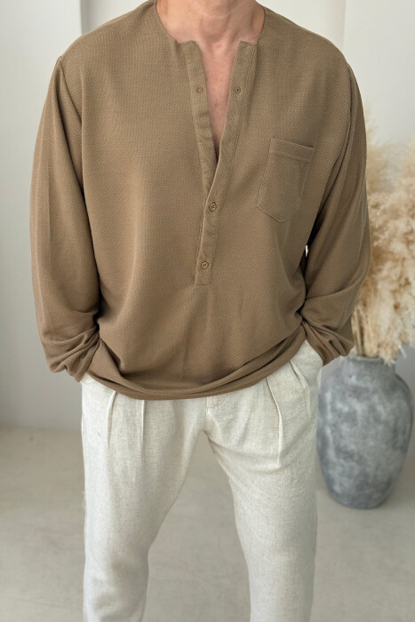 SINGLE POCKET DETAIL ONE COLOR MEN SHIRT BROWN/KAFE - 2