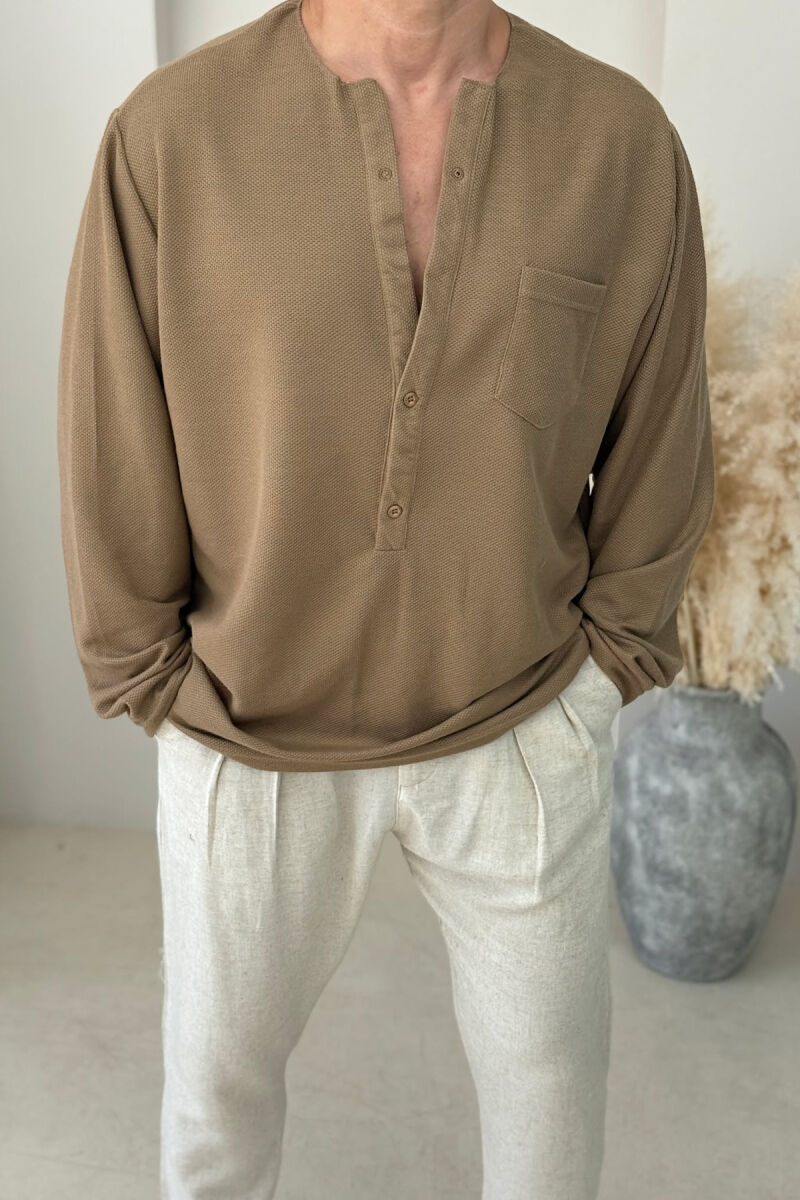 SINGLE POCKET DETAIL ONE COLOR MEN SHIRT BROWN/KAFE - 2