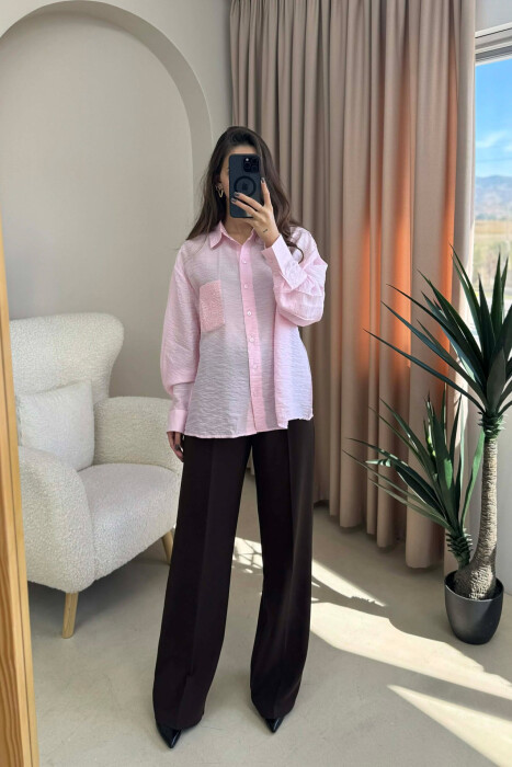 SINGLE POCKET DETAIL ONE COLOR WOMEN SHIRT BABY PINK/ROZB - KLAUDIO FASHION