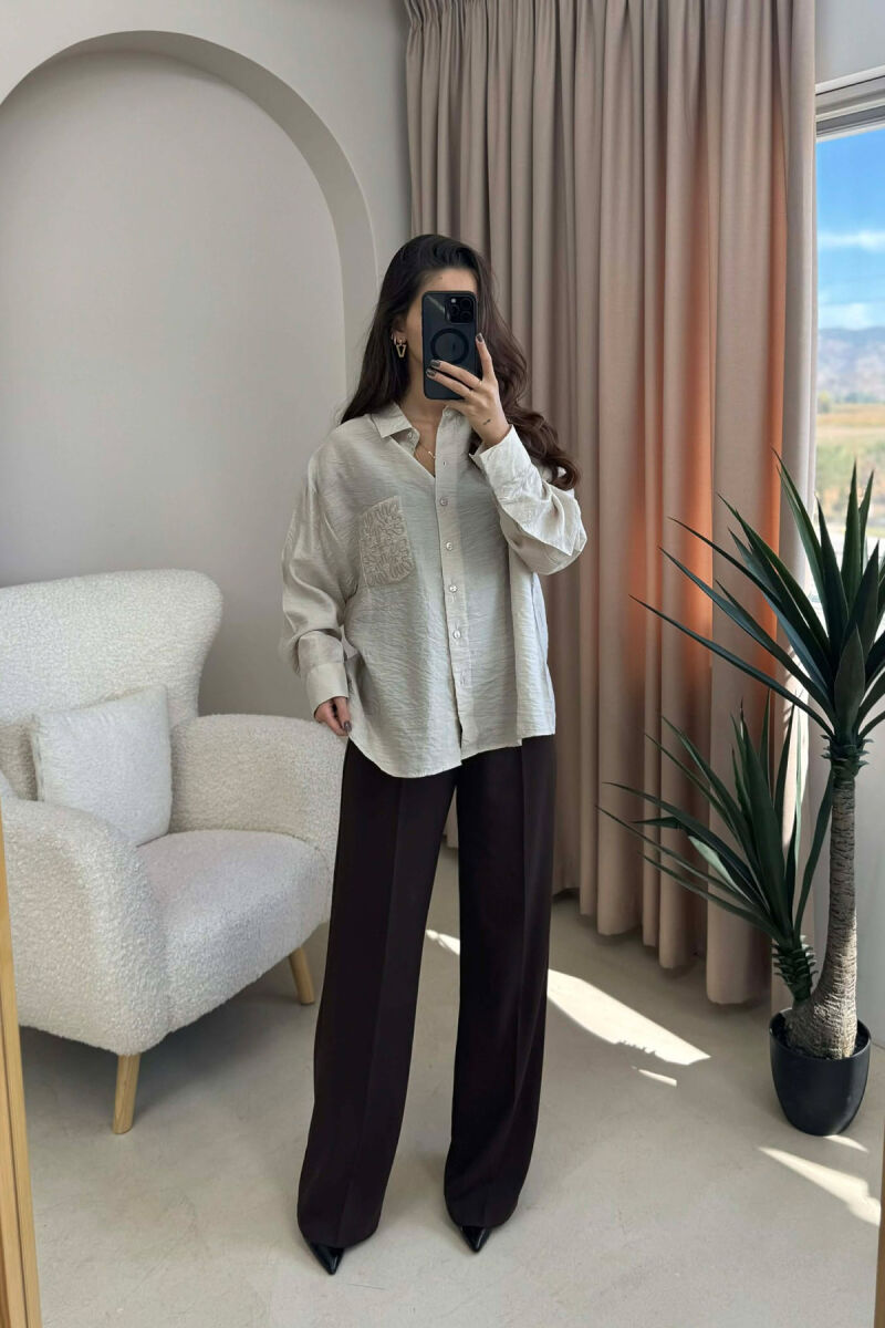 SINGLE POCKET DETAIL ONE COLOR WOMEN SHIRT BEIGE/BEZHE - 1