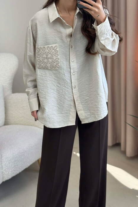 SINGLE POCKET DETAIL ONE COLOR WOMEN SHIRT BEIGE/BEZHE - 2