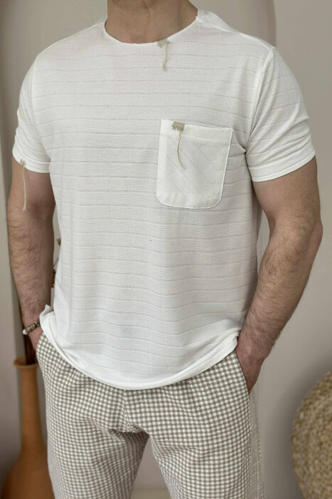 SINGLE POCKET DETAIL ROUND NECK MEN T-SHIRT WHITE-E BARDHE - KLAUDIO FASHION