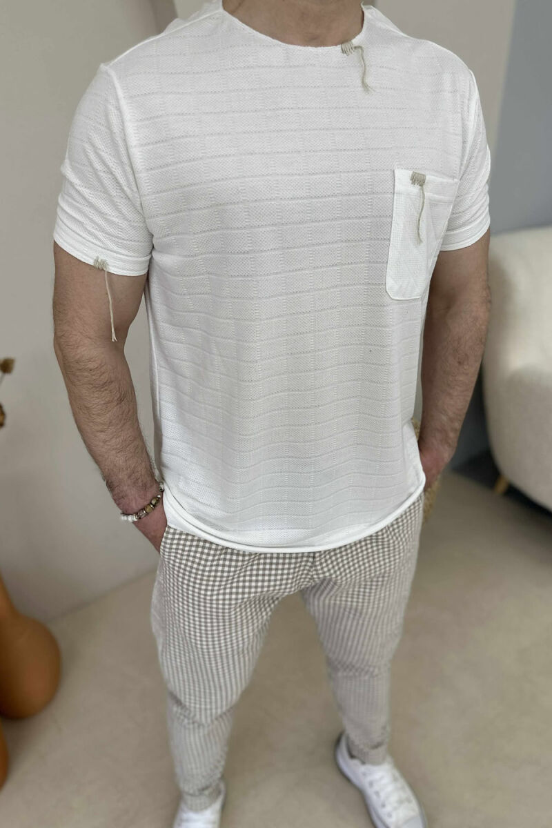 SINGLE POCKET DETAIL ROUND NECK MEN T-SHIRT WHITE-E BARDHE - 2