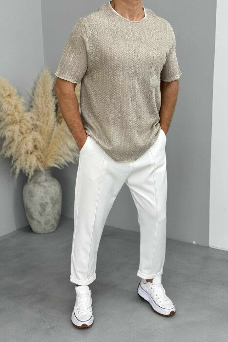 SINGLE POCKET DETAIL SIMPLE MEN T-SHIRT BEIGE/BEZHE 