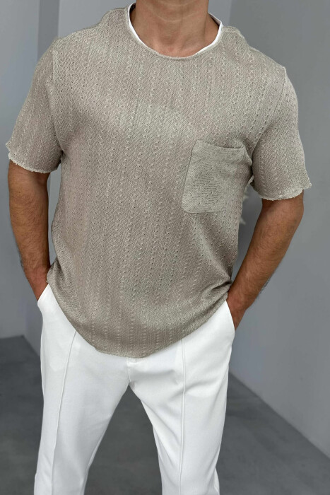 SINGLE POCKET DETAIL SIMPLE MEN T-SHIRT BEIGE/BEZHE - 2