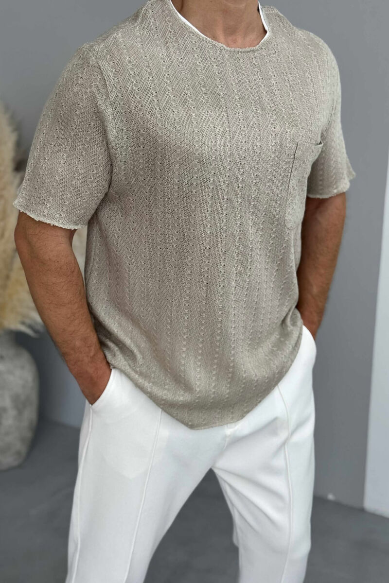 SINGLE POCKET DETAIL SIMPLE MEN T-SHIRT BEIGE/BEZHE - 3