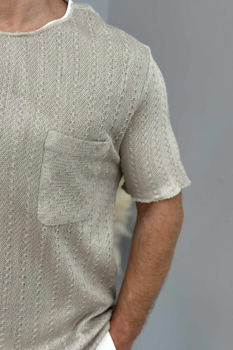 SINGLE POCKET DETAIL SIMPLE MEN T-SHIRT BEIGE/BEZHE - 4