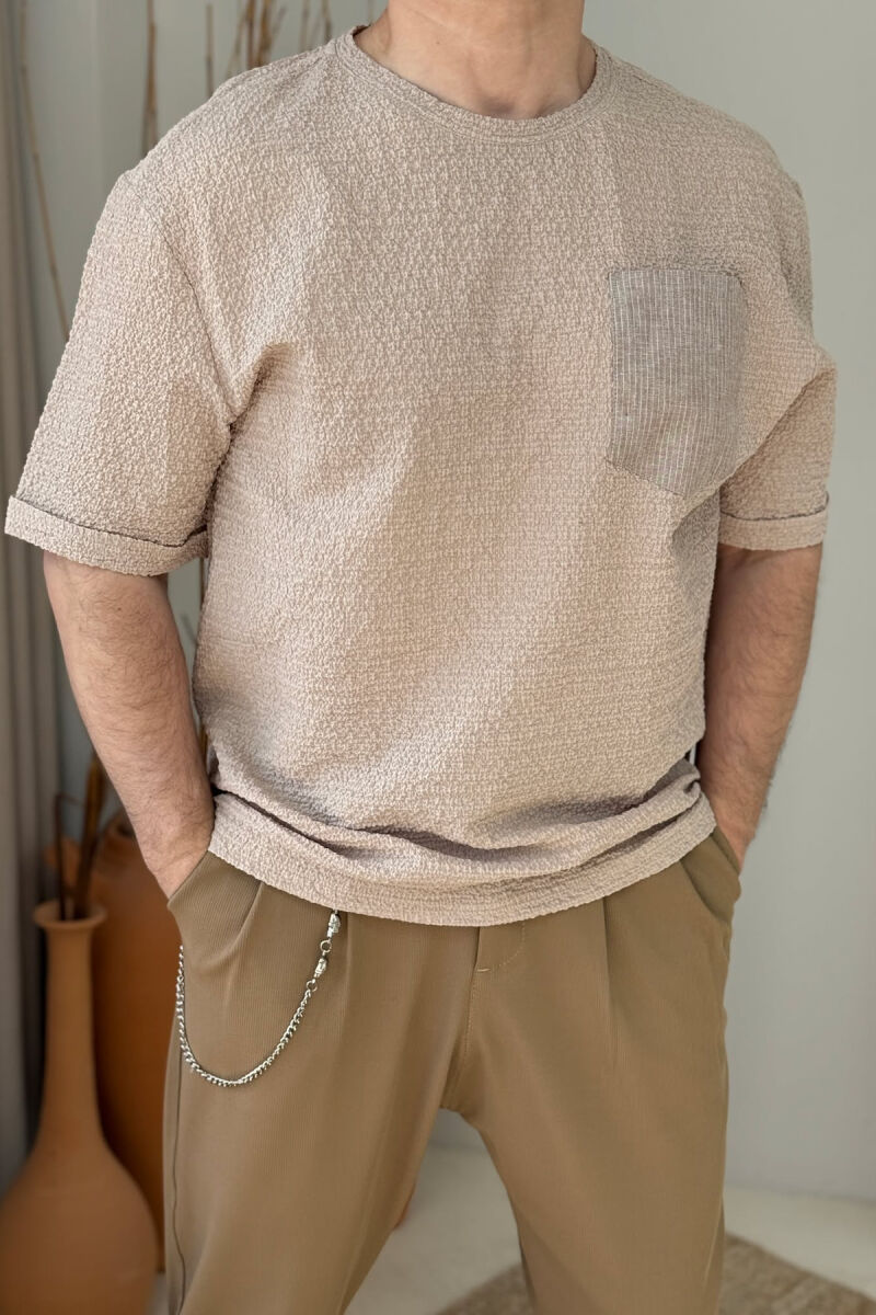 SINGLE POCKET DETAIL SIMPLE MEN T-SHIRT BEIGE/BEZHE - 2
