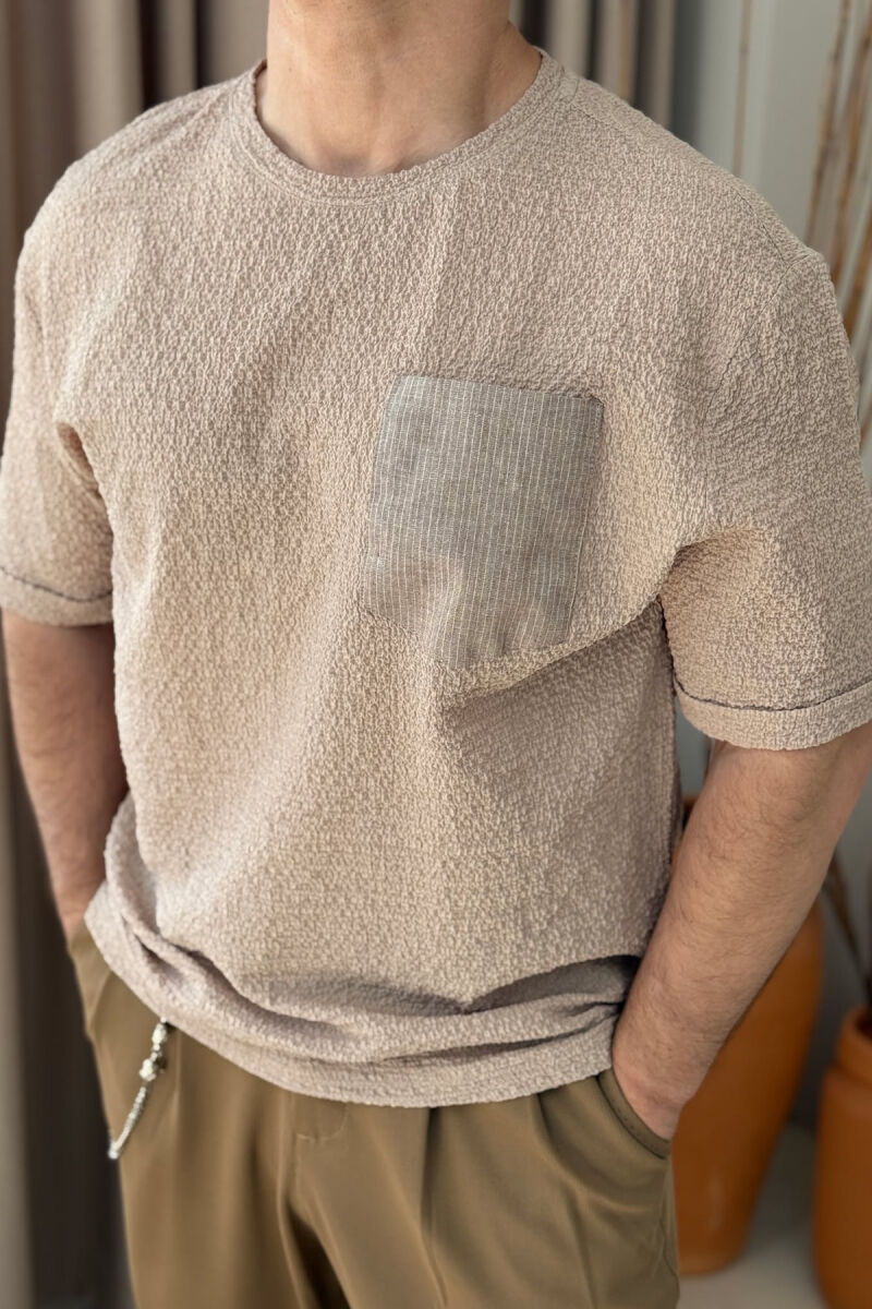 SINGLE POCKET DETAIL SIMPLE MEN T-SHIRT BEIGE/BEZHE - 3