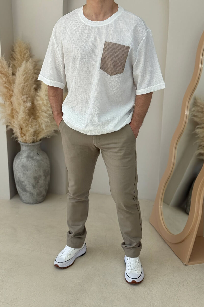 SINGLE POCKET DETAIL SIMPLE MEN T-SHIRT WHITE-E BARDHE - 1