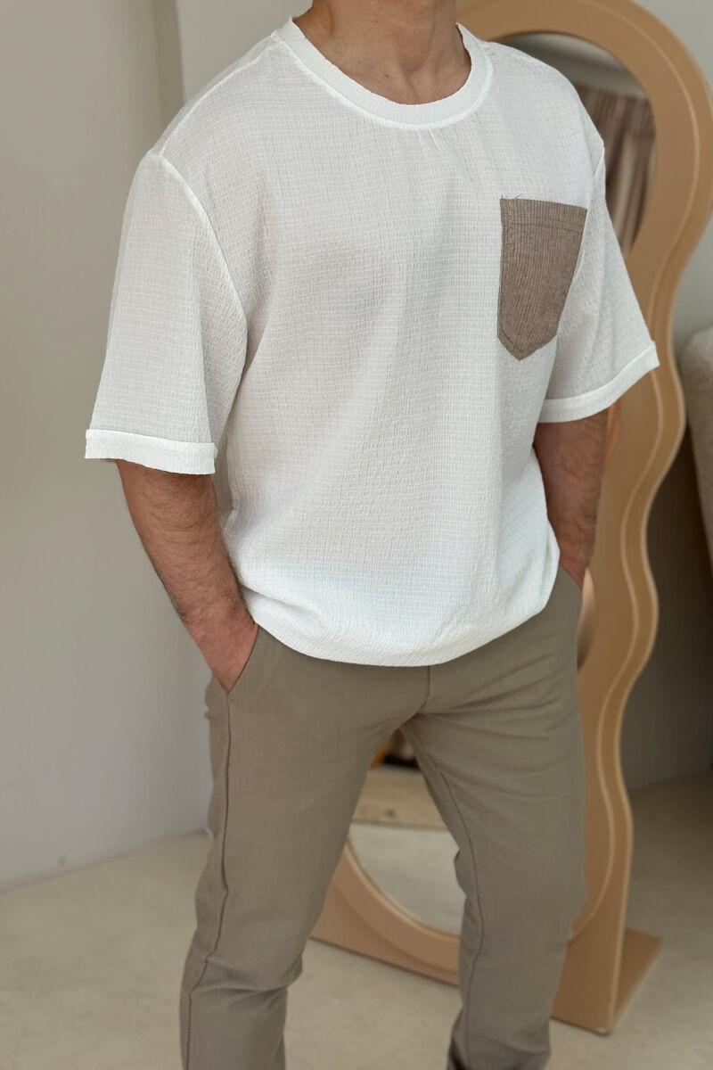 SINGLE POCKET DETAIL SIMPLE MEN T-SHIRT WHITE-E BARDHE - 2