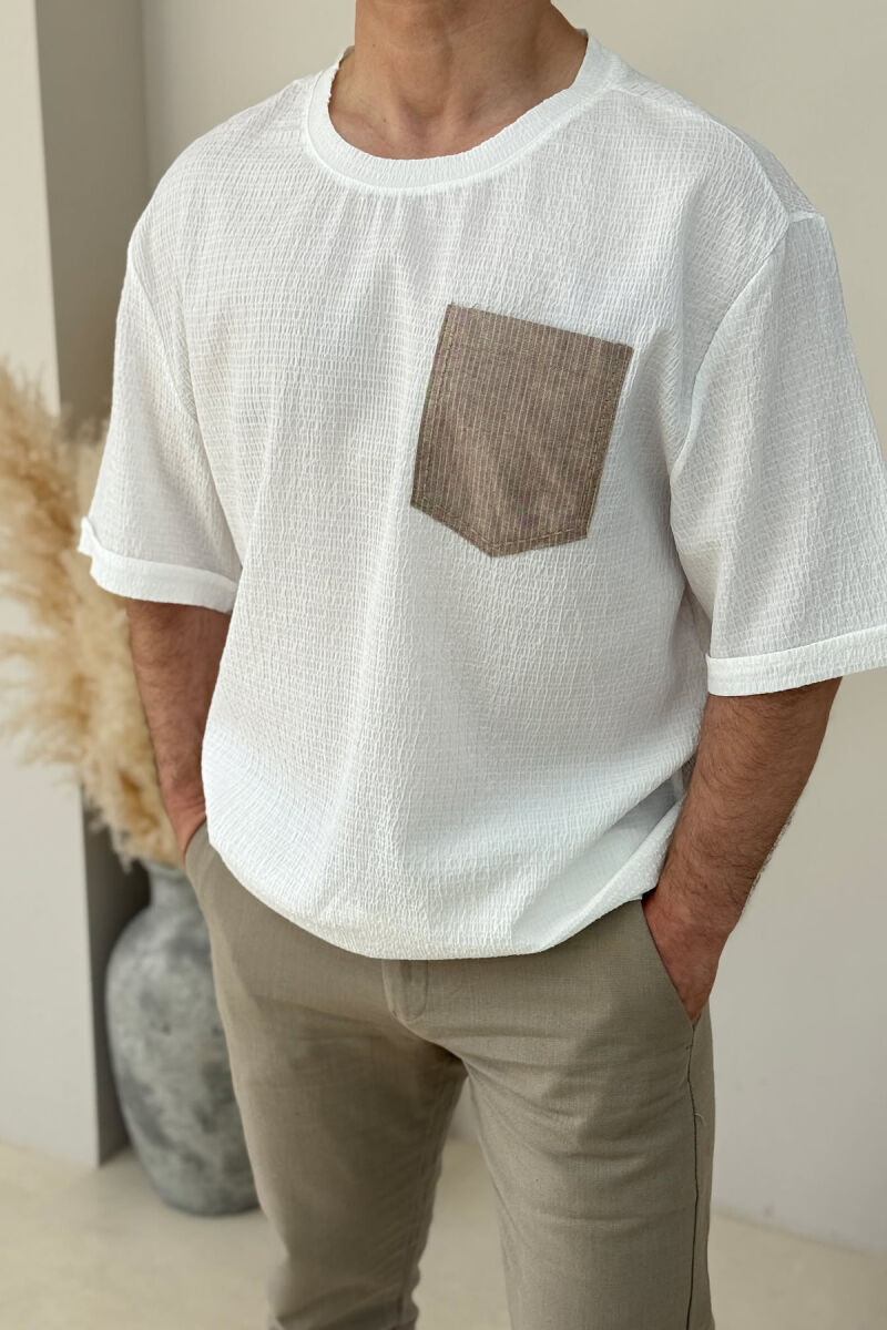 SINGLE POCKET DETAIL SIMPLE MEN T-SHIRT WHITE-E BARDHE - 3