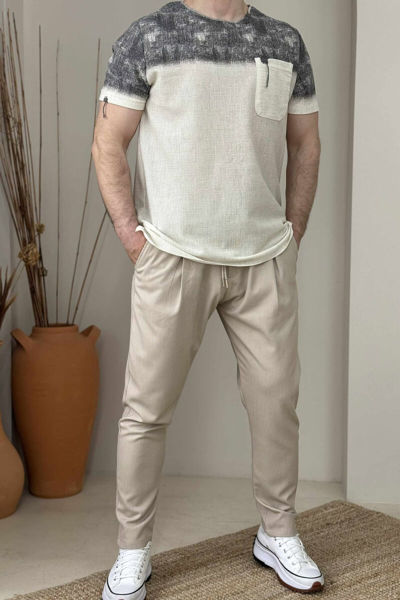 SINGLE POCKET DETAILS MEN T-SHIRT CREAM+GREY/KREM+GRI - 1