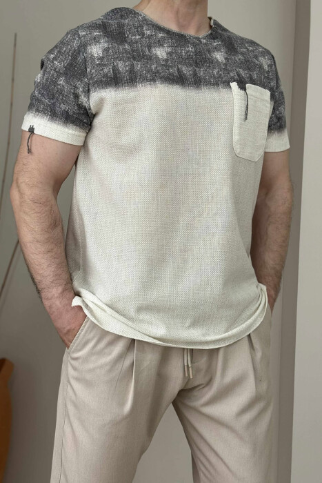 SINGLE POCKET DETAILS MEN T-SHIRT CREAM+GREY/KREM+GRI - 3