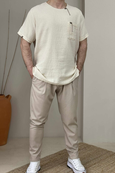 SINGLE POCKET DETAILS MEN T-SHIRT CREAM/KREM - 1